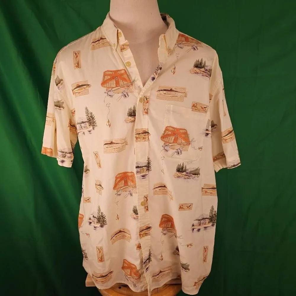 Woolrich Mens Fishing Print Short Sleeve Hawaiian Button Down Camp Shirt XL